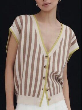 NWT Anthropologie Maeve Slouchy Cardigan Sweater Vest S Striped Neutral Pattern